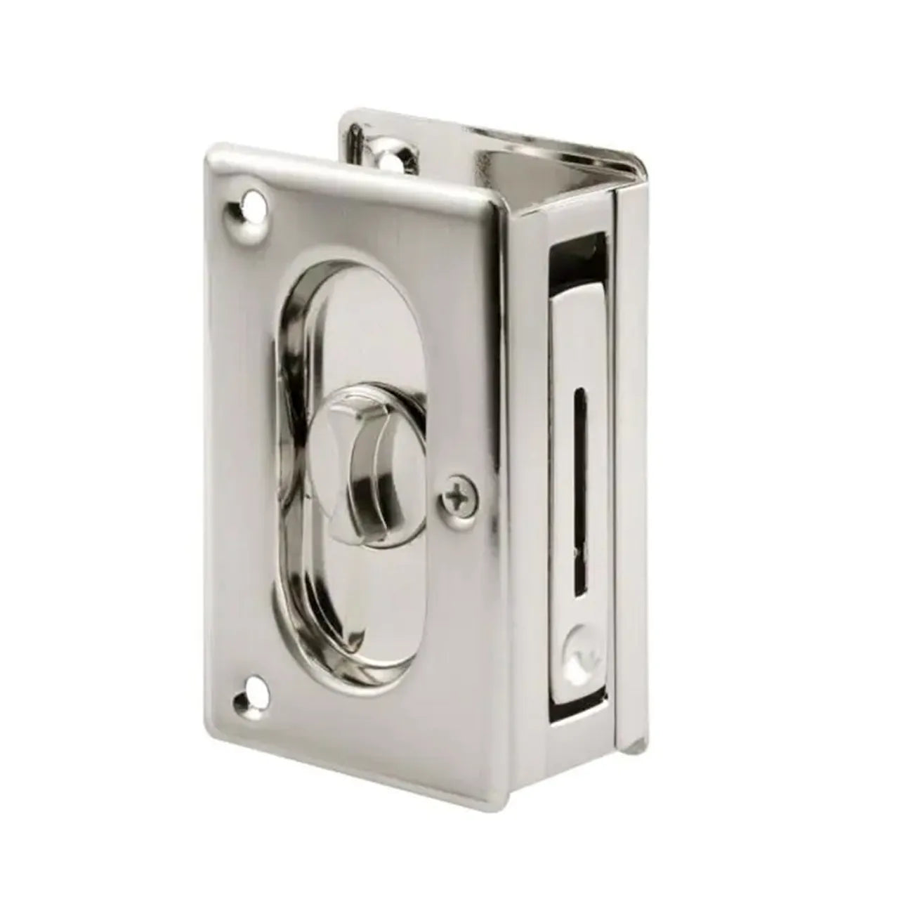 A close-up of the Go Build 3-3/4 in. Solid Brass Pocket Door Privacy Lock & Pull in satin nickel, featuring a thumb turn knob, two mounting screw holes, and a latching slot.